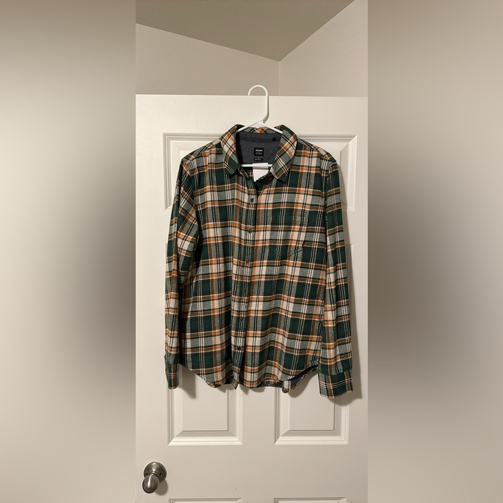 Men’s Prana Green Mustard Button Plaid Flannel